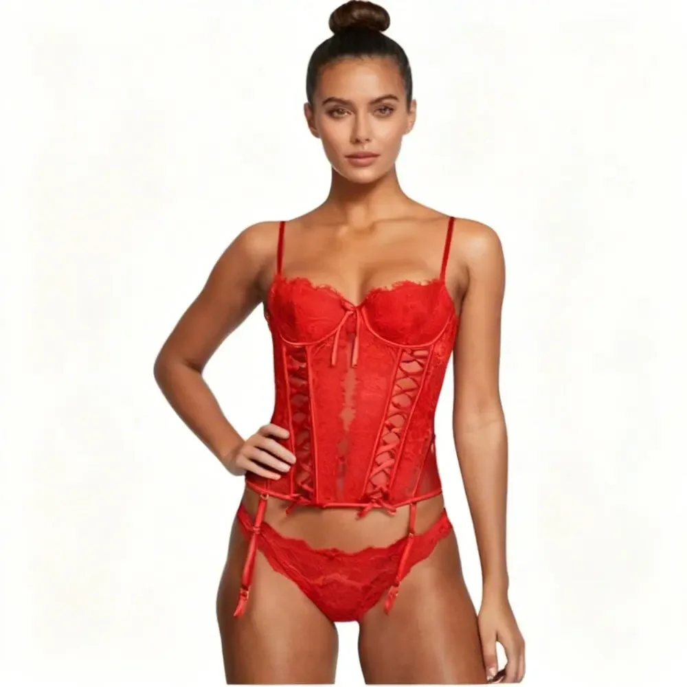 Victoria's Secret Red Lightly Lined Lace Corset Top, M